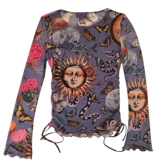 Desigual Women's M Sheer Mesh Top Blue Celestial Nature L/S Ruched Lettuce Edge - Picture 2 of 7